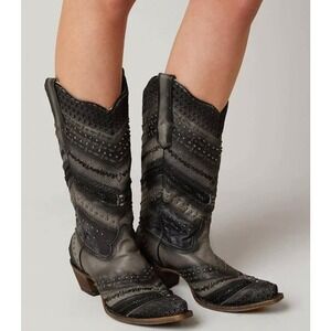 Corral Grey Black Embroidered Studded Leather Snip Toe Boots Western Women's 9 M